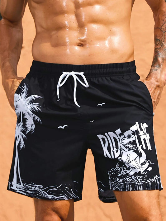 Men Tropical Print Drawstring Waist Swim Trunks