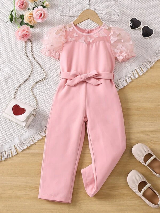 Toddler Girls Butterfly Appliques Contrast Mesh Puff Sleeve Belted Jumpsuit