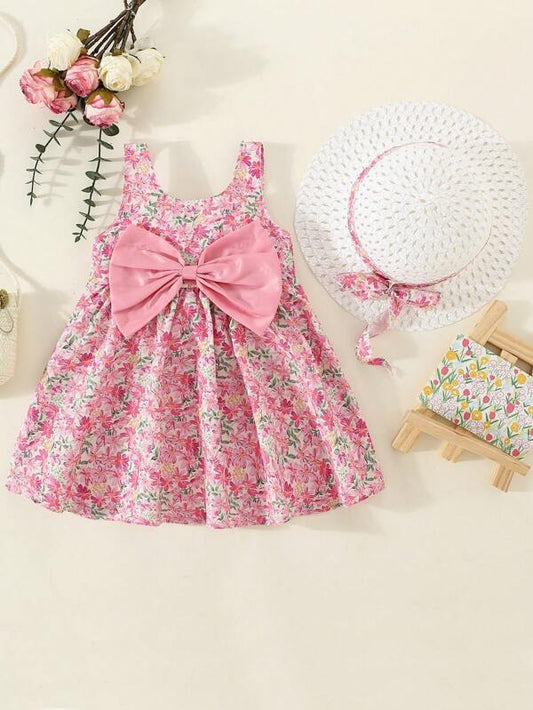 Baby Floral Print Bow Front Cami Dress With Accessory Hat