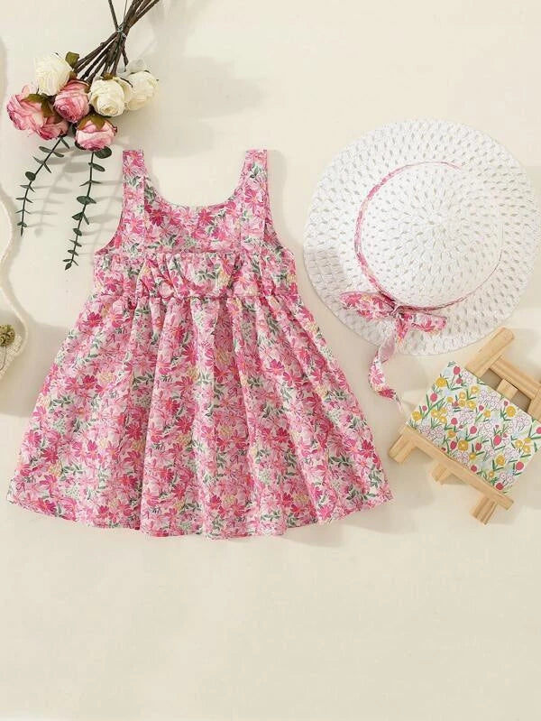 Baby Floral Print Bow Front Cami Dress With Accessory Hat