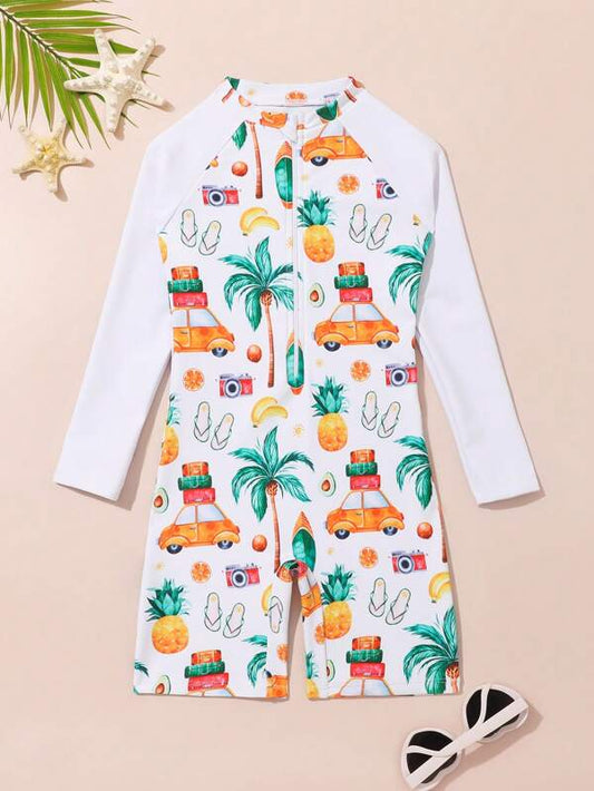 Toddler Boys Tropical Print Zipper Front One Piece Swimsuit