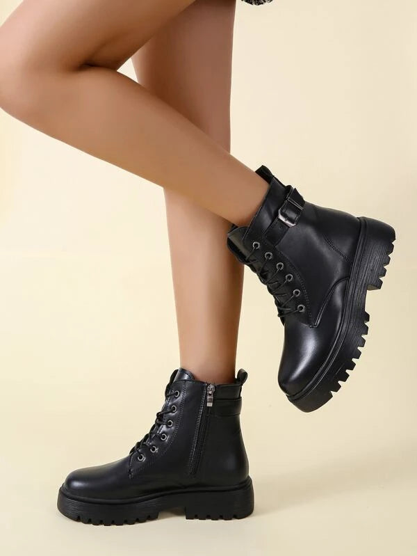 Women Buckle Design Lace-Up Front Minimalist Side Zipper Combat Boots