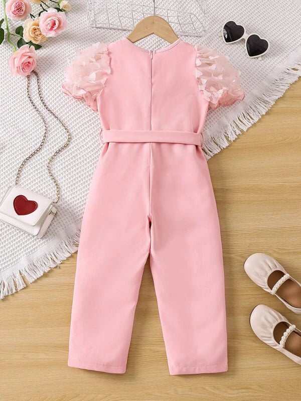 Toddler Girls Butterfly Appliques Contrast Mesh Puff Sleeve Belted Jumpsuit