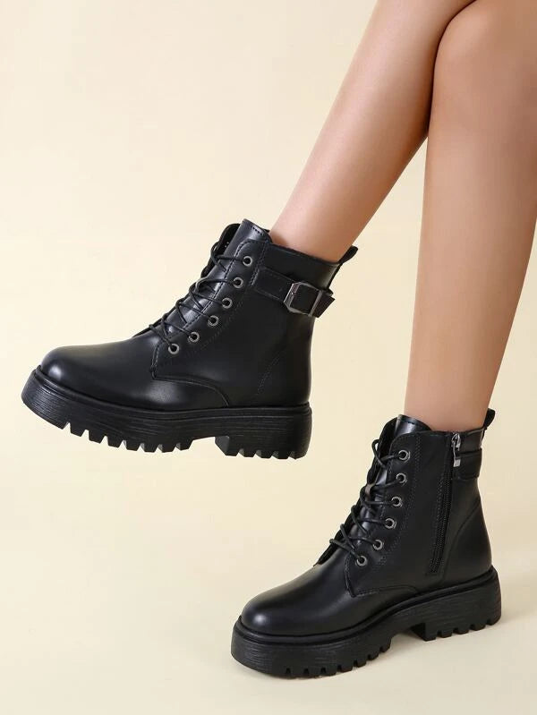 Women Buckle Design Lace-Up Front Minimalist Side Zipper Combat Boots