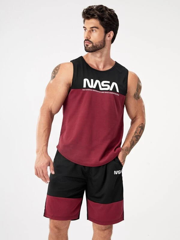 Men Colorblock Slogan Graphic Sports Tank Top & Shorts