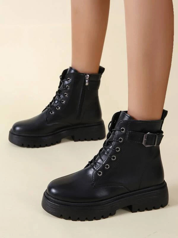 Women Buckle Design Lace-Up Front Minimalist Side Zipper Combat Boots