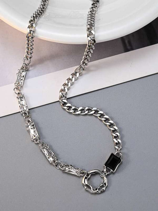 1pc 50cm Street Style Stainless Steel Chain With Alloy Pendant Decor, Glass Crystal & Black Zirconia Detail, Men's Fashionable Necklace Perfect For Daily And Vacation Wear