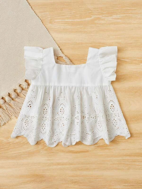 SHEIN Toddler Girls Floral Embroidery Tape Ruffle Trim Schiffy Blouse