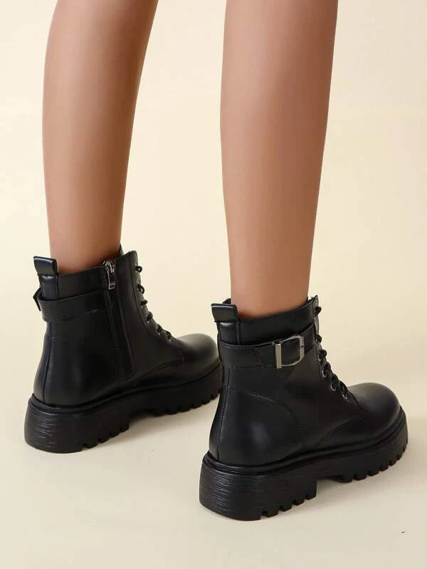 Women Buckle Design Lace-Up Front Minimalist Side Zipper Combat Boots