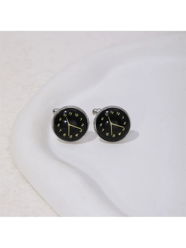 1Pair Round Silent Clock Cufflinks For Men's Fashionable French Cuff Shirt For A Stylish Look Gift For Party