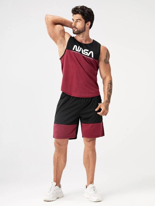 Men Colorblock Slogan Graphic Sports Tank Top & Shorts