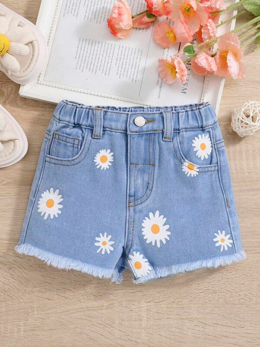 SHEIN Toddler Girls Floral Print Raw Hem Denim Shorts