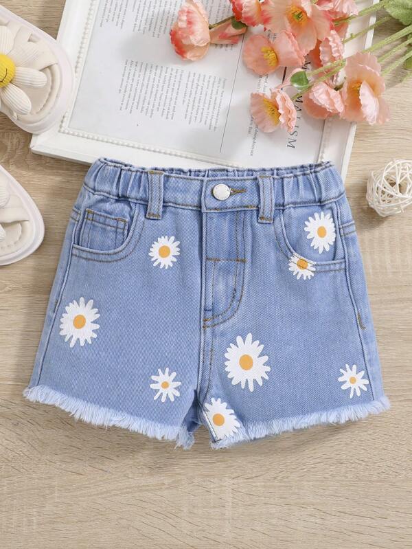 SHEIN Toddler Girls Floral Print Raw Hem Denim Shorts