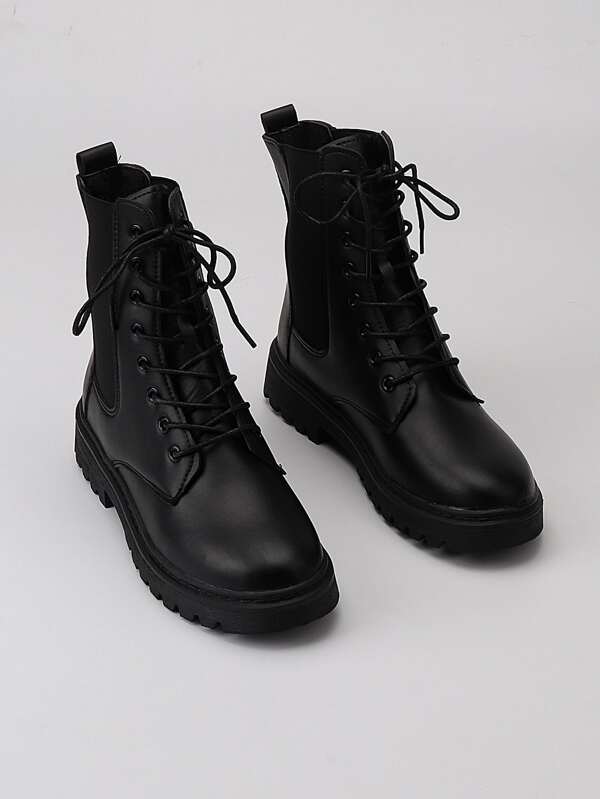 Women Lace-Up Front Comfortable Black Combat Boots