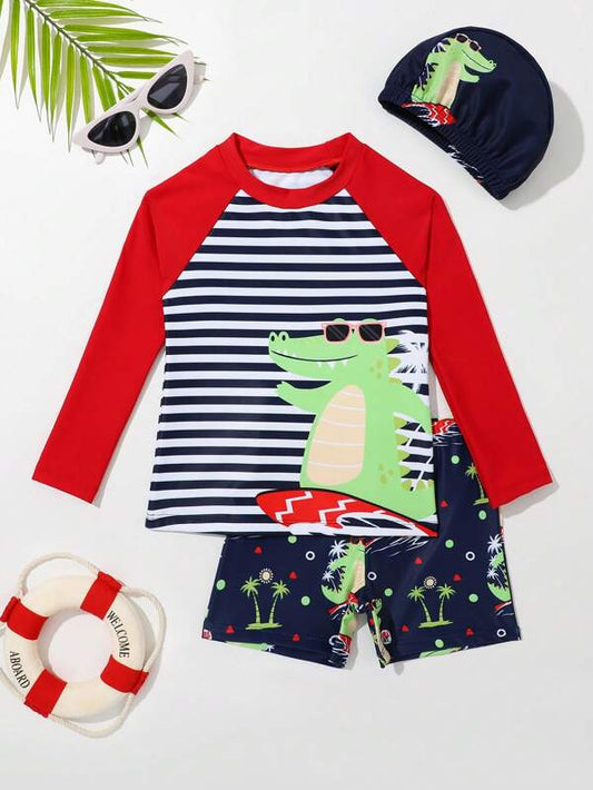 SHEIN Kids QTFun Toddler Boys Striped & Cartoon Graphic Beach Swimsuit With Swim Cap
