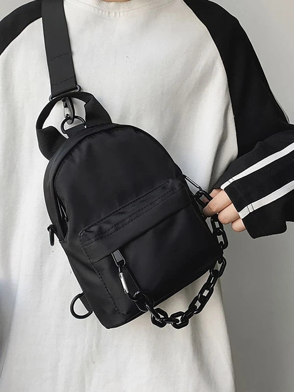 High School Students University Freshman multifunctional sling bag shoulder bag casual bag Mini Men Chain Decor Crossbody Bag, Handbag Schoolbag For Travel,College,Outdoors,Sports,Commute