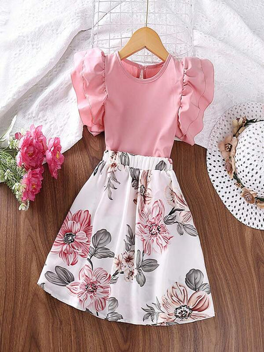 Young Girls' Printed Patchwork Ruffle Short Sleeve Top And Pants Two Piece Set For Summer