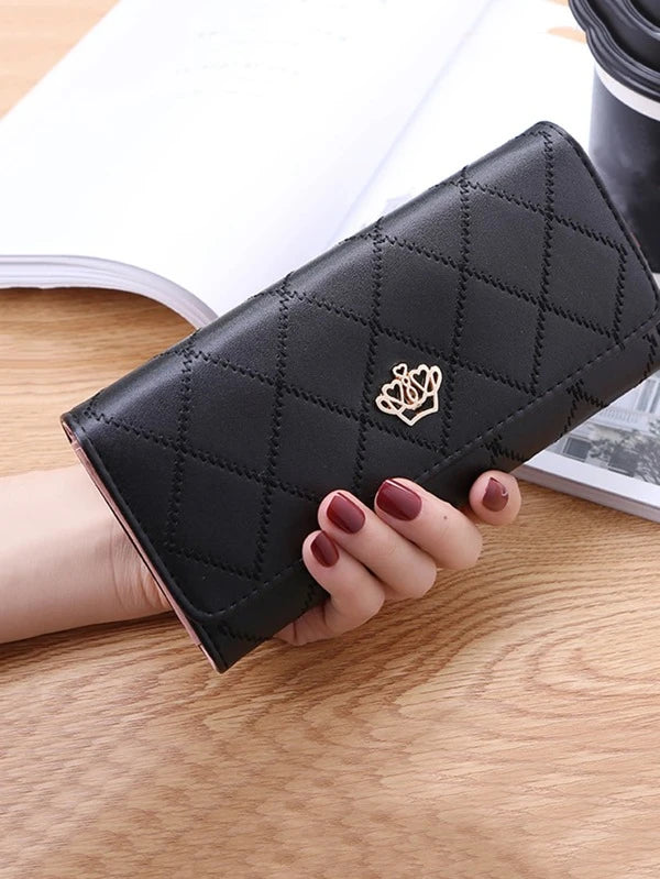 Geometric Embossed Crown Decor Flap Long Wallet Argyle Embroidery Wallet, Women's Folding Long Money Clip, Clutch Bag Classic Small Card Purse Checkbook Cover