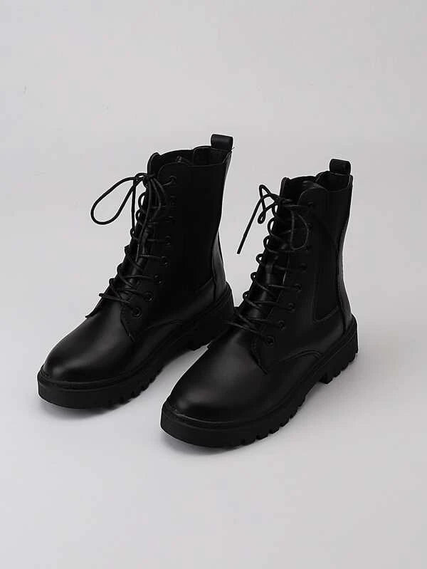 Women Lace-Up Front Comfortable Black Combat Boots