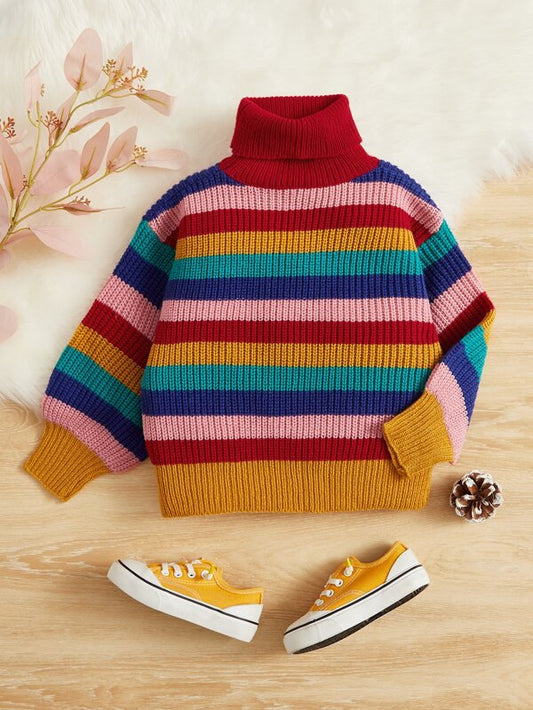 SHEIN Kids EVRYDAY Toddler Girls Colorblock Stripe Turtleneck Sweater
