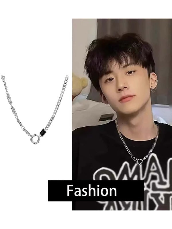 1pc 50cm Street Style Stainless Steel Chain With Alloy Pendant Decor, Glass Crystal & Black Zirconia Detail, Men's Fashionable Necklace Perfect For Daily And Vacation Wear