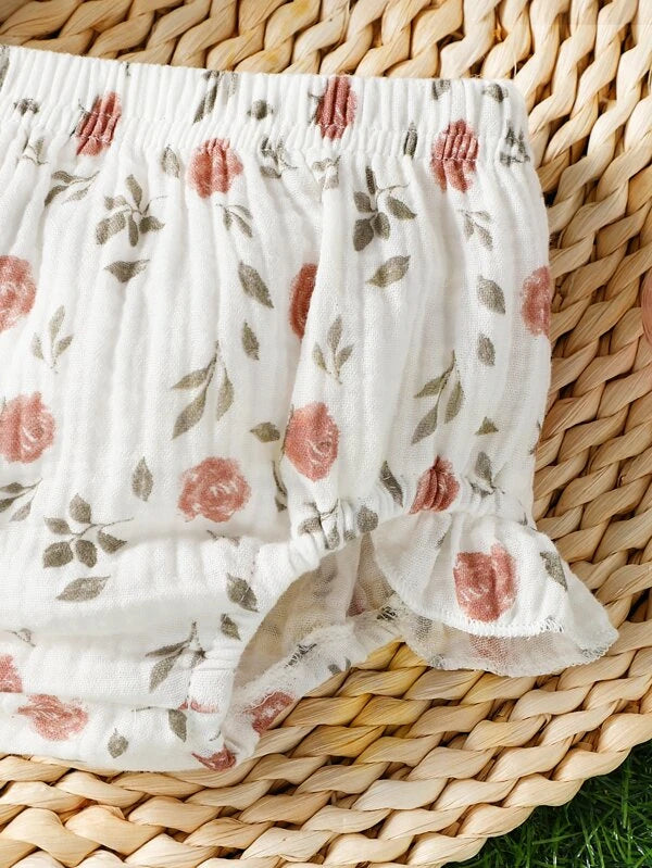Baby Floral Print Ruffle Trim Peplum Top & Shorts