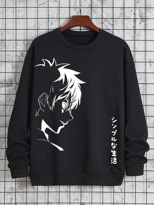 Men Japanese Letter & Figure Graphic Thermal Lined Sweatshirt