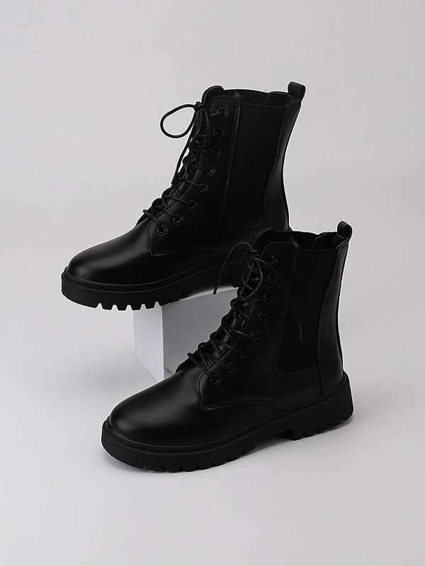 Women Lace-Up Front Comfortable Black Combat Boots