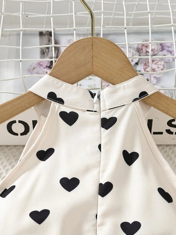 Toddler Girls Heart Print Halter Neck Belted Jumpsuit