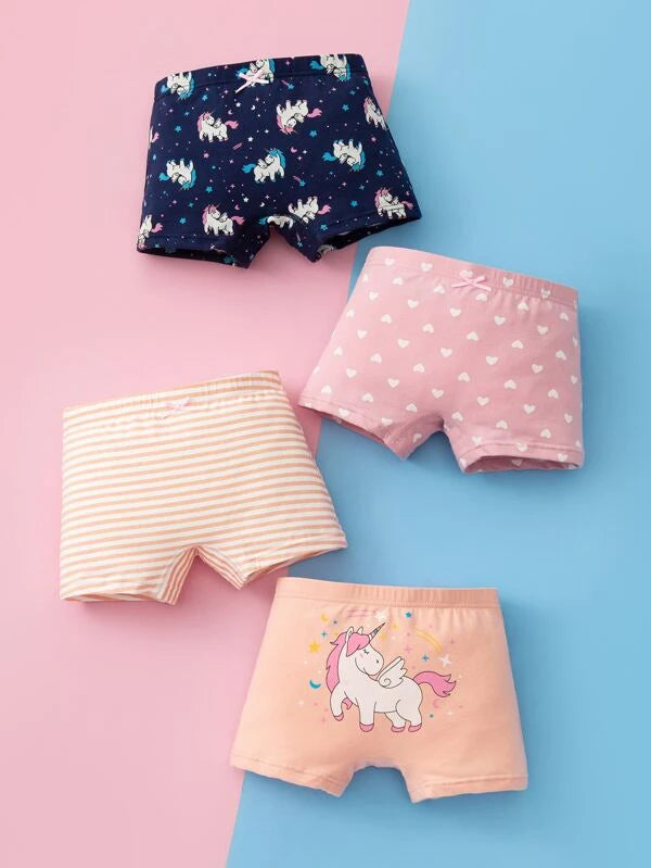 Toddler Girls 4pcs Heart & Unicorn Print Shortie Brief