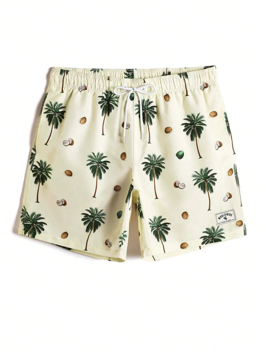 Men Coconut Tree Print Letter Patch Detail Drawstring Waist Swim Trunks