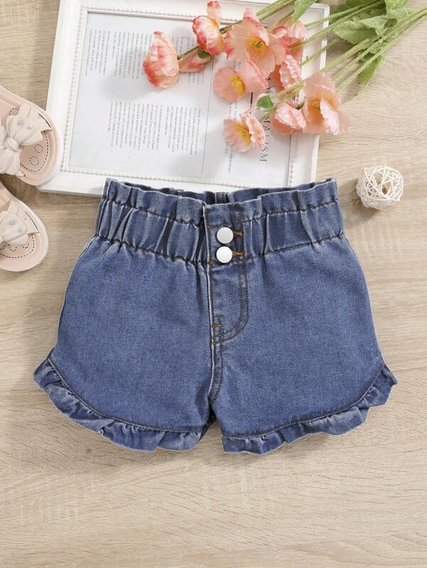 SHEIN Toddler Girls Paperbag Waist Frill Trim Denim Shorts