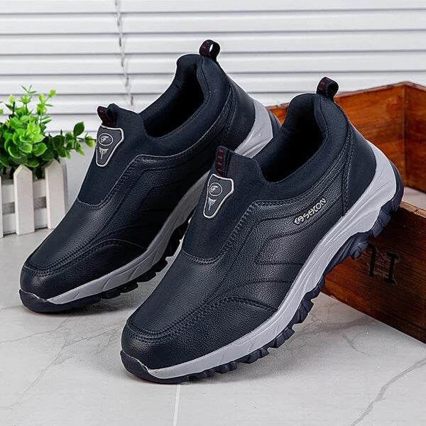 Men's Pu Leather Sport Shoes, Dual-layer Md Running Shoes, Easy-to-wear Slip-on Shoes With Non-slip Sole For Autumn And Winter