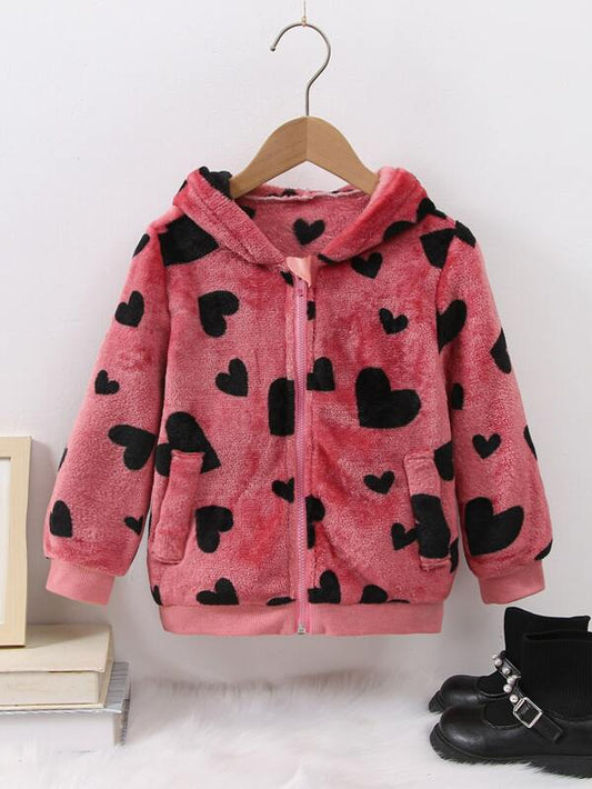 SHEIN Kids EVRYDAY Toddler Girls Heart Pattern Hooded Flannel Jacket