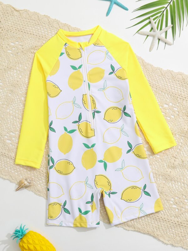 SHEIN Kids SUNSHNE Toddler Boys Lemon Print Zipper Front One Piece Swimsuit