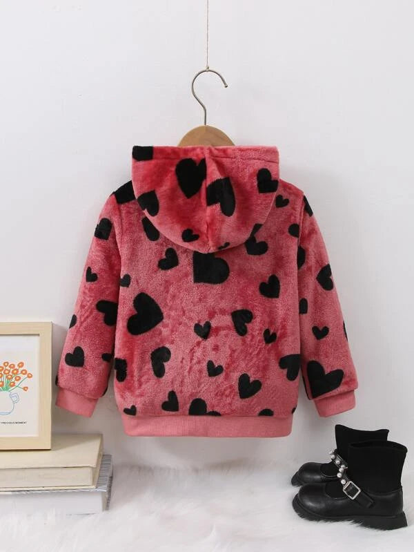 SHEIN Kids EVRYDAY Toddler Girls Heart Pattern Hooded Flannel Jacket