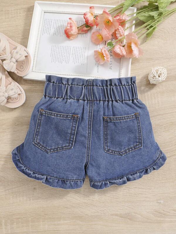 SHEIN Toddler Girls Paperbag Waist Frill Trim Denim Shorts