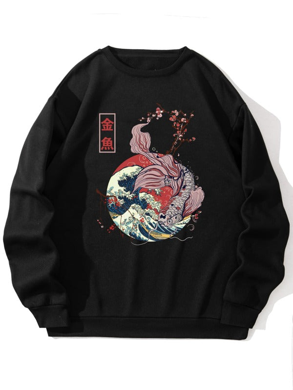 Men Koi Fish And Waves Print Thermal Lined Pullover