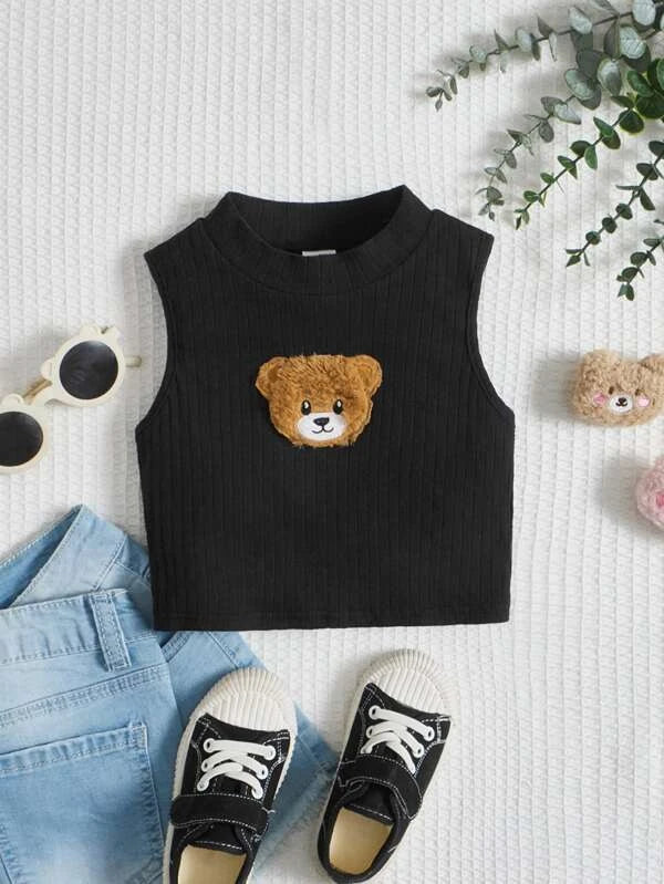 Toddler Girls Bear Patched Ribbed Knit Tank Top