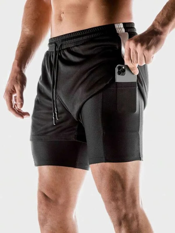 Men Drawstring Waist 2 In 1 Sports Shorts With Phone Pocket