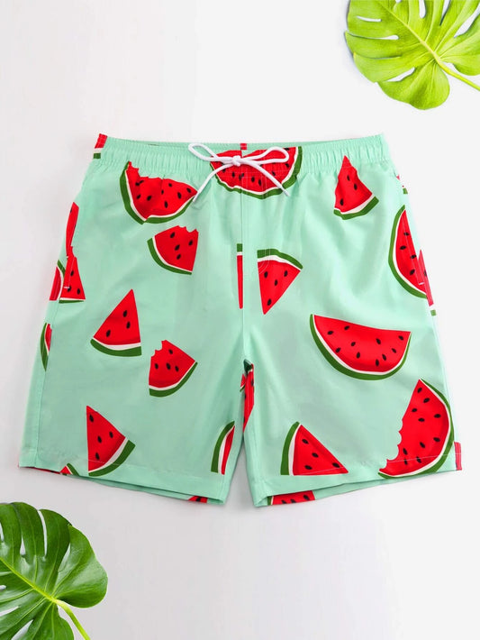 Men Random Watermelon Print Drawstring Waist Swim Trunks