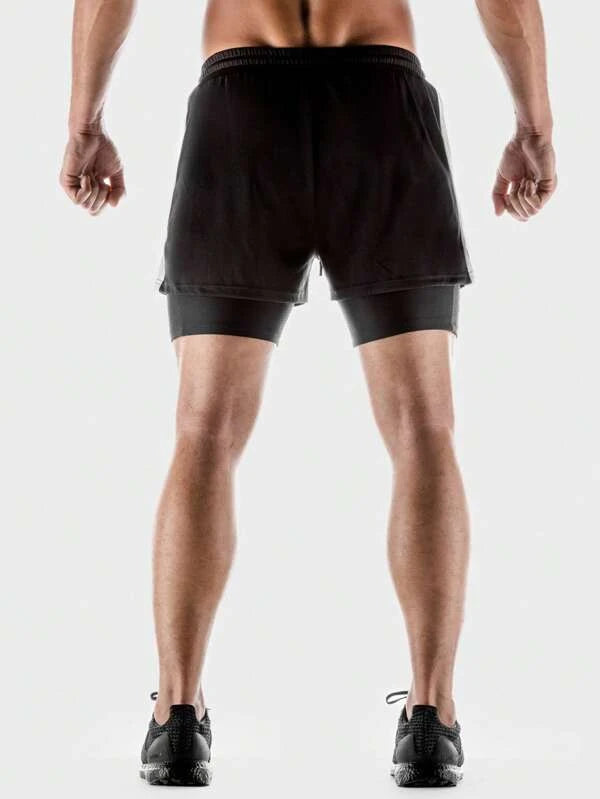 Men Drawstring Waist 2 In 1 Sports Shorts With Phone Pocket