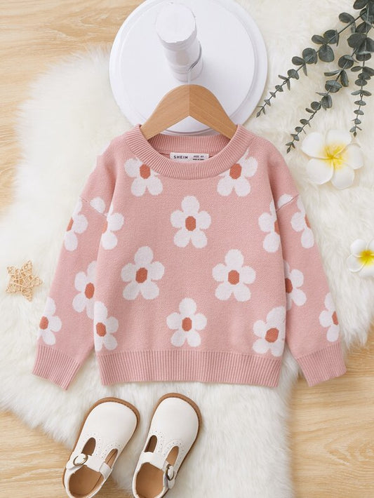 SHEIN Kids Y2Kool Toddler Girls Floral Pattern Drop Shoulder Sweater