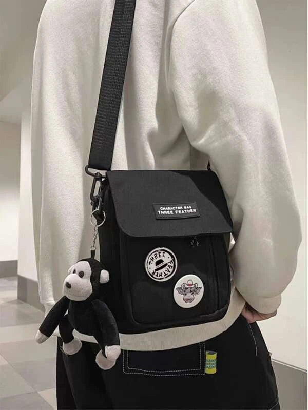 High School Students University Freshman multifunctional sling bag shoulder bag casual bag Mini Men Letter Patch Flap Crossbody Bag, Handbag Schoolbag For Travel,College,Outdoors,Sports,Commute