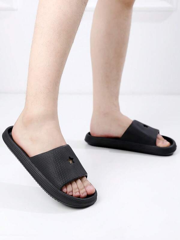 Men Minimalist Single Band Slides, Black Outdoor Plastic Slides