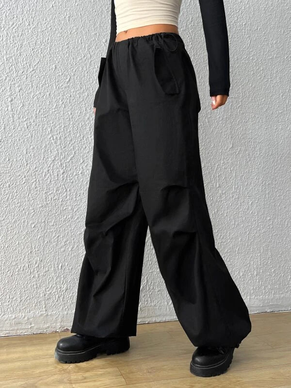 SHEIN EZwear Drawstring Waist Wide Leg Parachute Pants