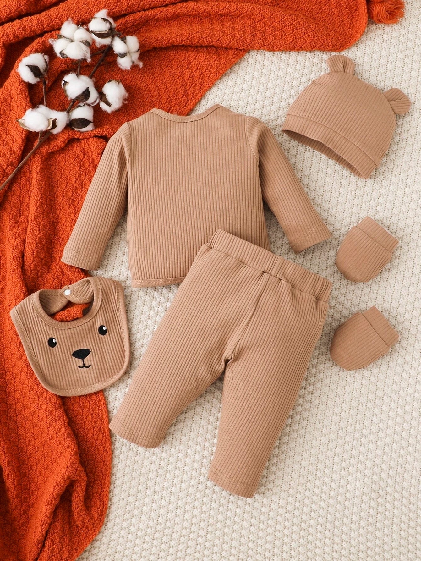 SHEIN Newborn Baby Cartoon Embroidery Tee & Pants & Hat & Bib & Gloves