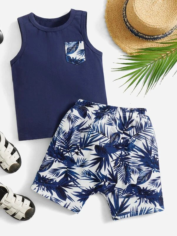 Toddler Boys Tropical Print Patched Pocket Tank Top & Shorts