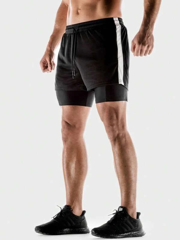 Men Drawstring Waist 2 In 1 Sports Shorts With Phone Pocket