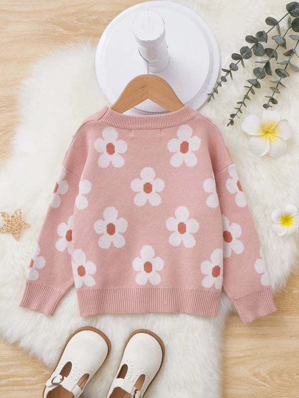 SHEIN Kids Y2Kool Toddler Girls Floral Pattern Drop Shoulder Sweater